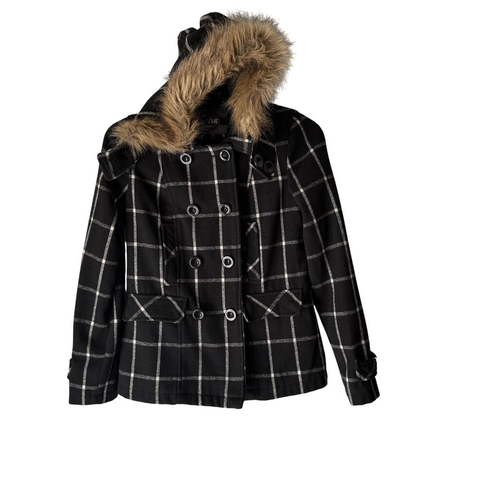 YMI Coat NWT Y2k Dead Stock Womens‎ Medium Plaid Wool Blend Fur Hood Jacket